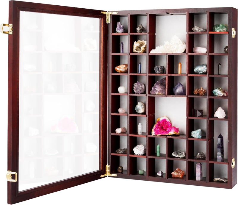 SmartyRocks Adjustable Rock Display Case - Rock Collection Box with Fabric Bed for Mineral Display - Dark-Finish Shadow Box with Shelves for Crystal Storage - Display Cases for Collectibles (Large) - Image 1